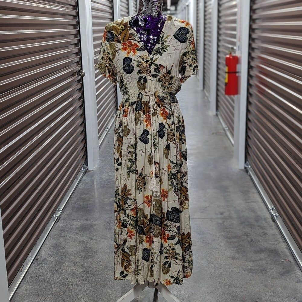 Boho Cottagecore Botanical Festival Floral Maxi Dress Smocked Button Front M